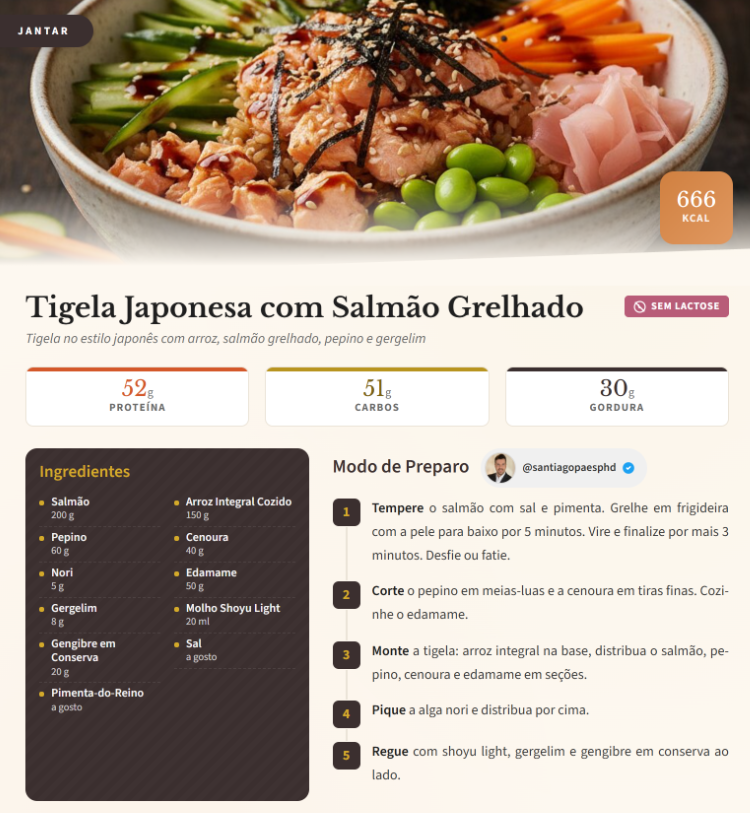 Página real da Tigela Japonesa com Salmão Grelhado — foto, macros, 5 passos e dica.