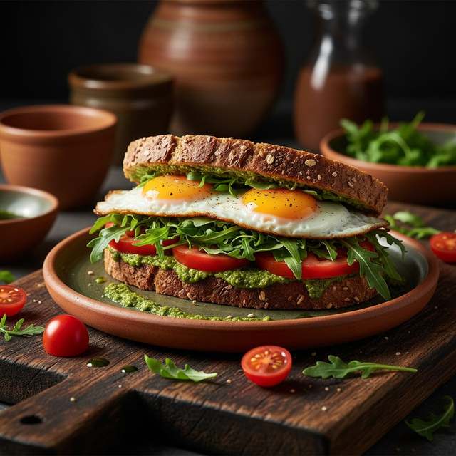 Sanduíche de Ovo com Rúcula e Pesto