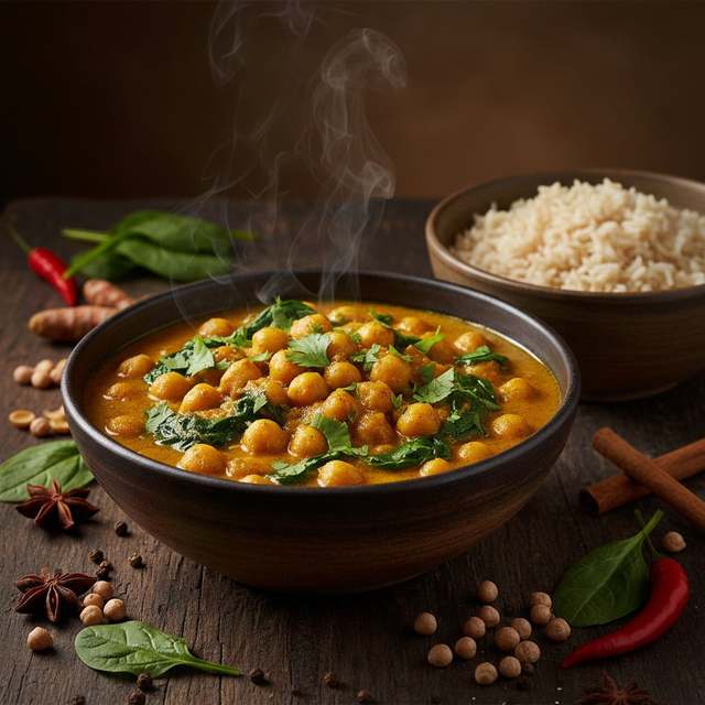 Curry de Grão-de-Bico com Espinafre