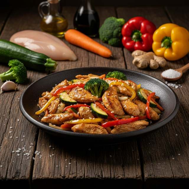 Frango Desfiado com Legumes Salteados