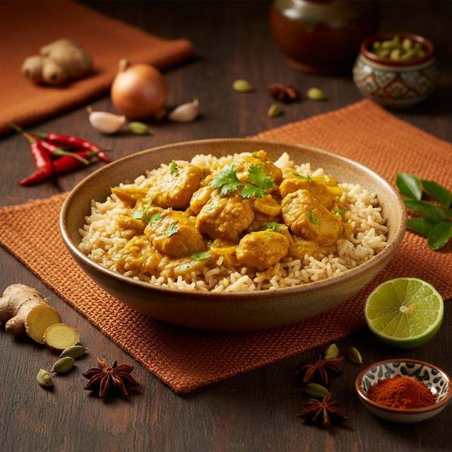 Frango ao Curry Leve com Arroz Integral