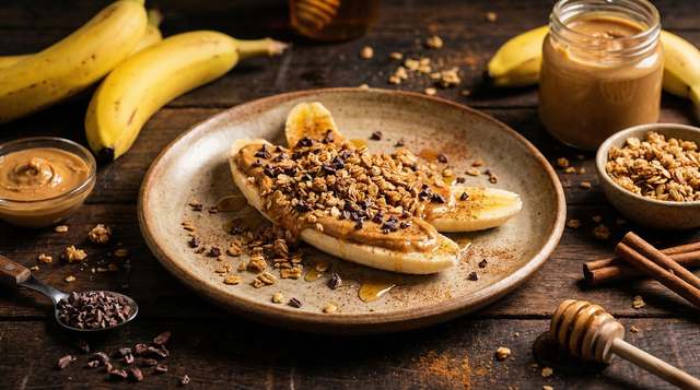 Banana com Pasta de Amendoim, Granola e Nibs