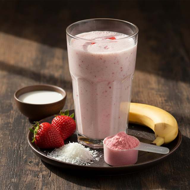Shake Proteico com Whey, Morango, Banana e Coco