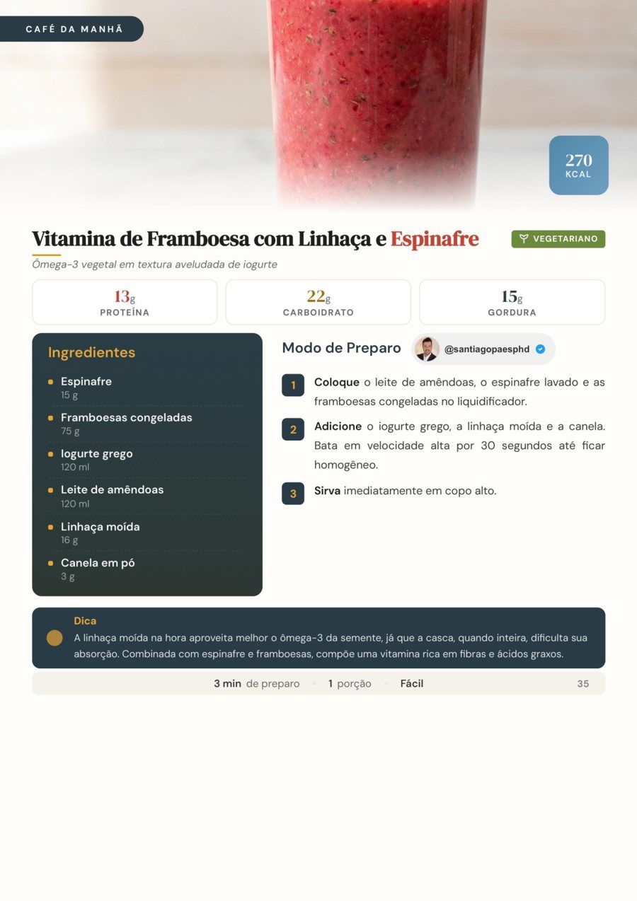 Página real do RS7: Receita com calorias, macronutrientes e tempo de preparo por porção