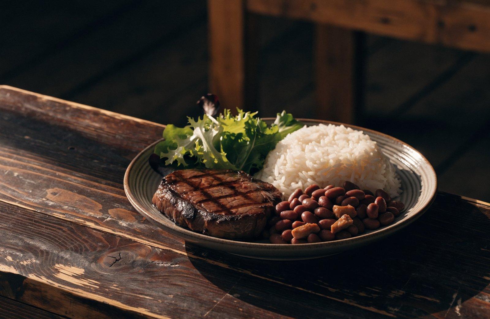 Prato brasileiro com arroz, feijão carioca, bife grelhado e salada verde sobre mesa de madeira escura