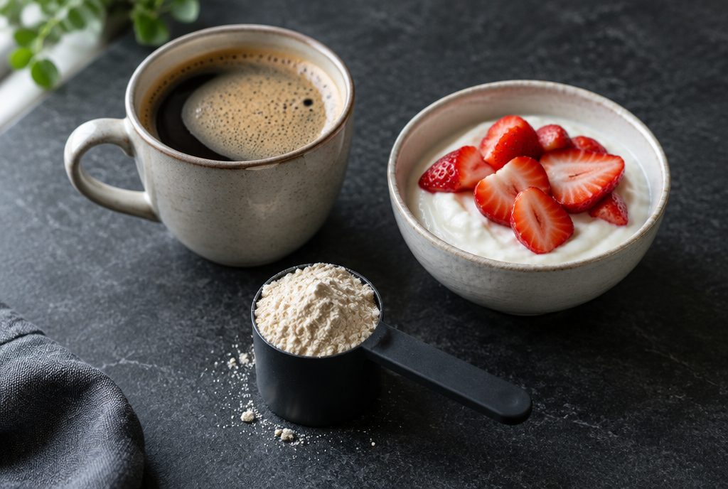 Xícara de café preto com espuma, dosador com whey em pó e tigela de iogurte com morangos fatiados sobre ardósia escura